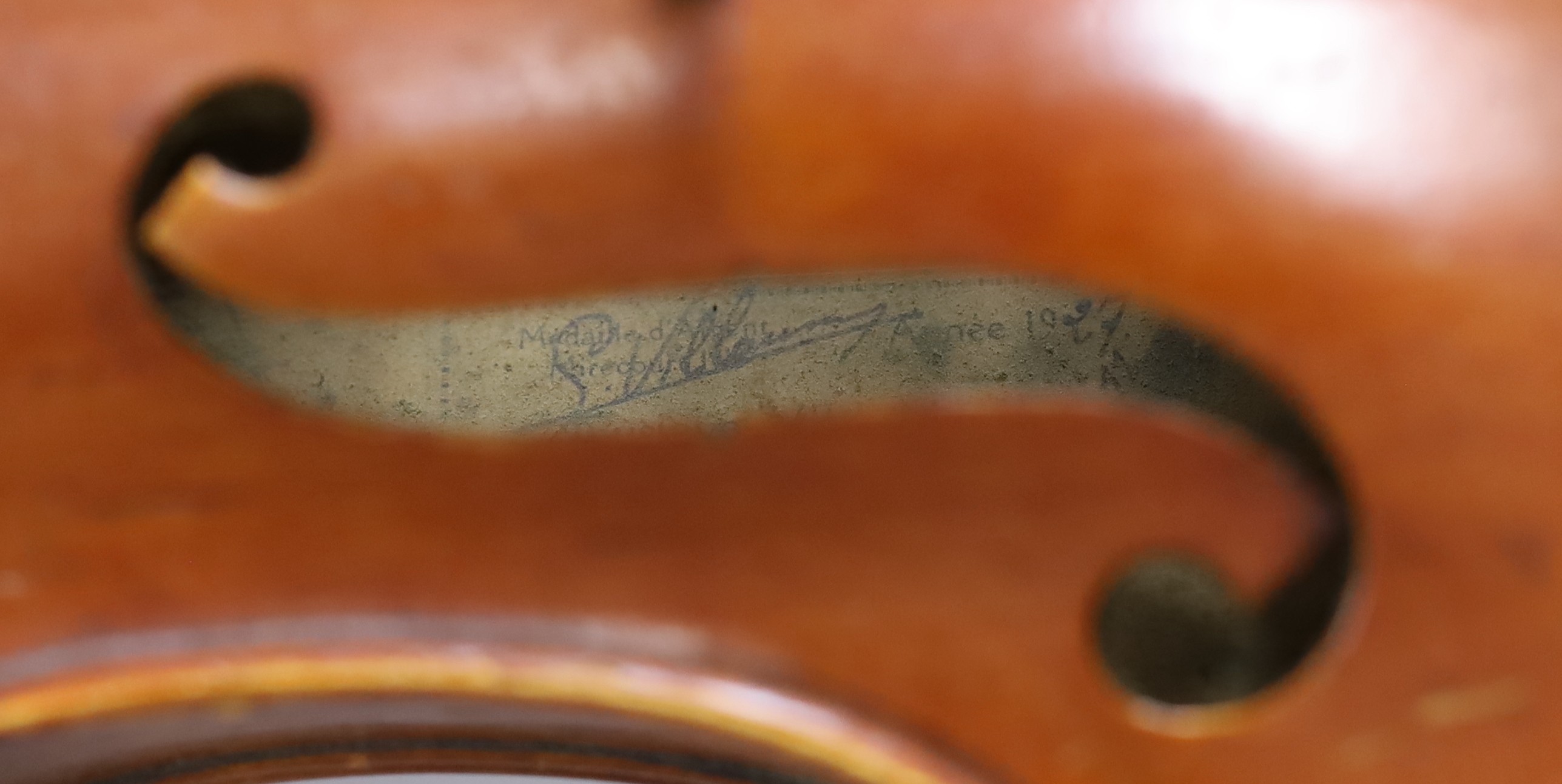 An early 20th century French viola labelled and branded Gustave Villaume, dated 1927, length of back 16.1/8inches (signed inside)